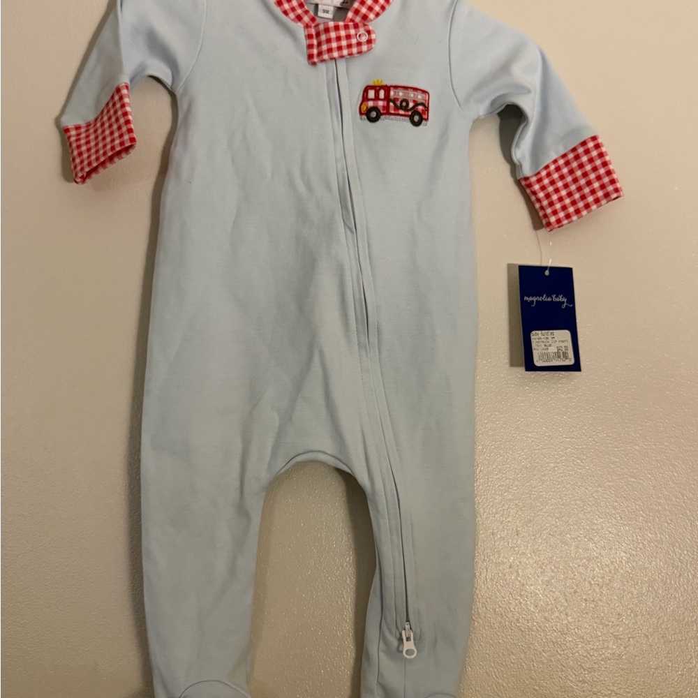 Magnolia Light Blue Footie with Red Gingham Trim and Fire Truck Appliqué